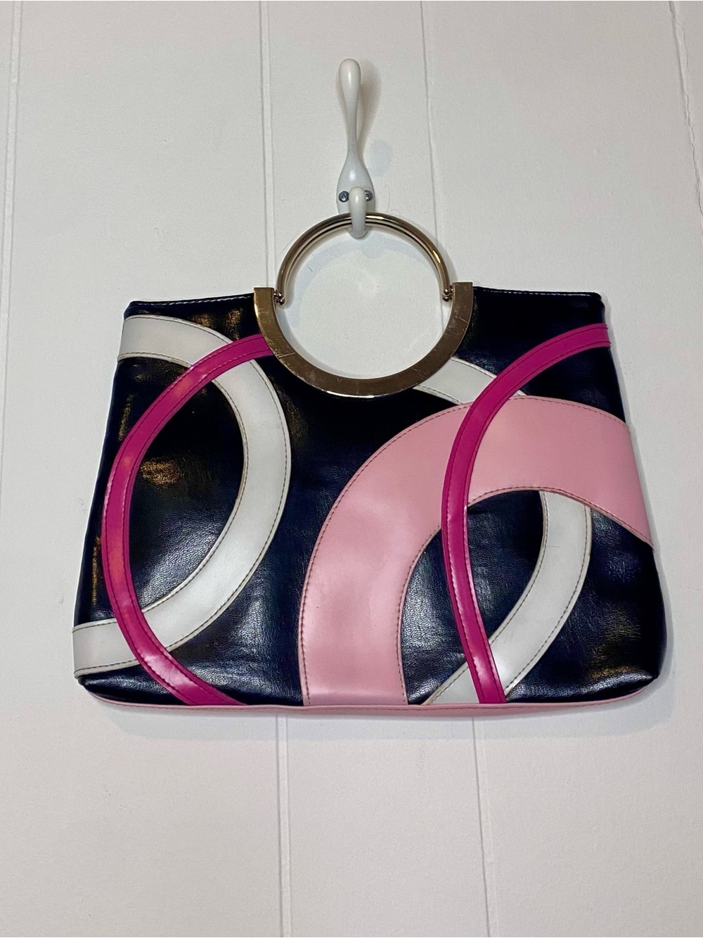 Vintage Aldo Black, Pink & White Circle-Accent Handbag with Silver Hoop Handle